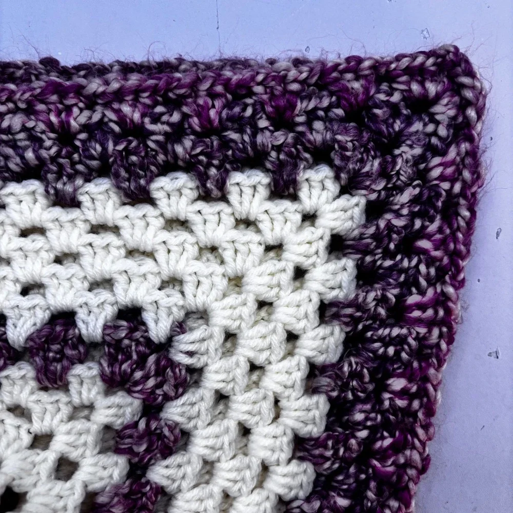 Handmade Crochet Granny Square‎ Blanket White Purple Variegated Afghan 58x54